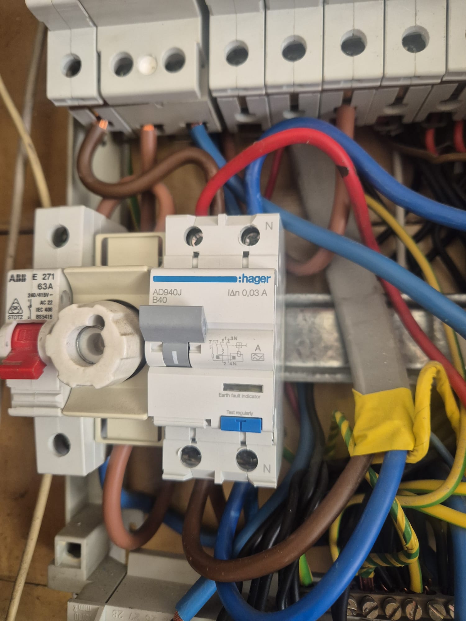 RCBO protection fitted alongside the existing main switch and tails.