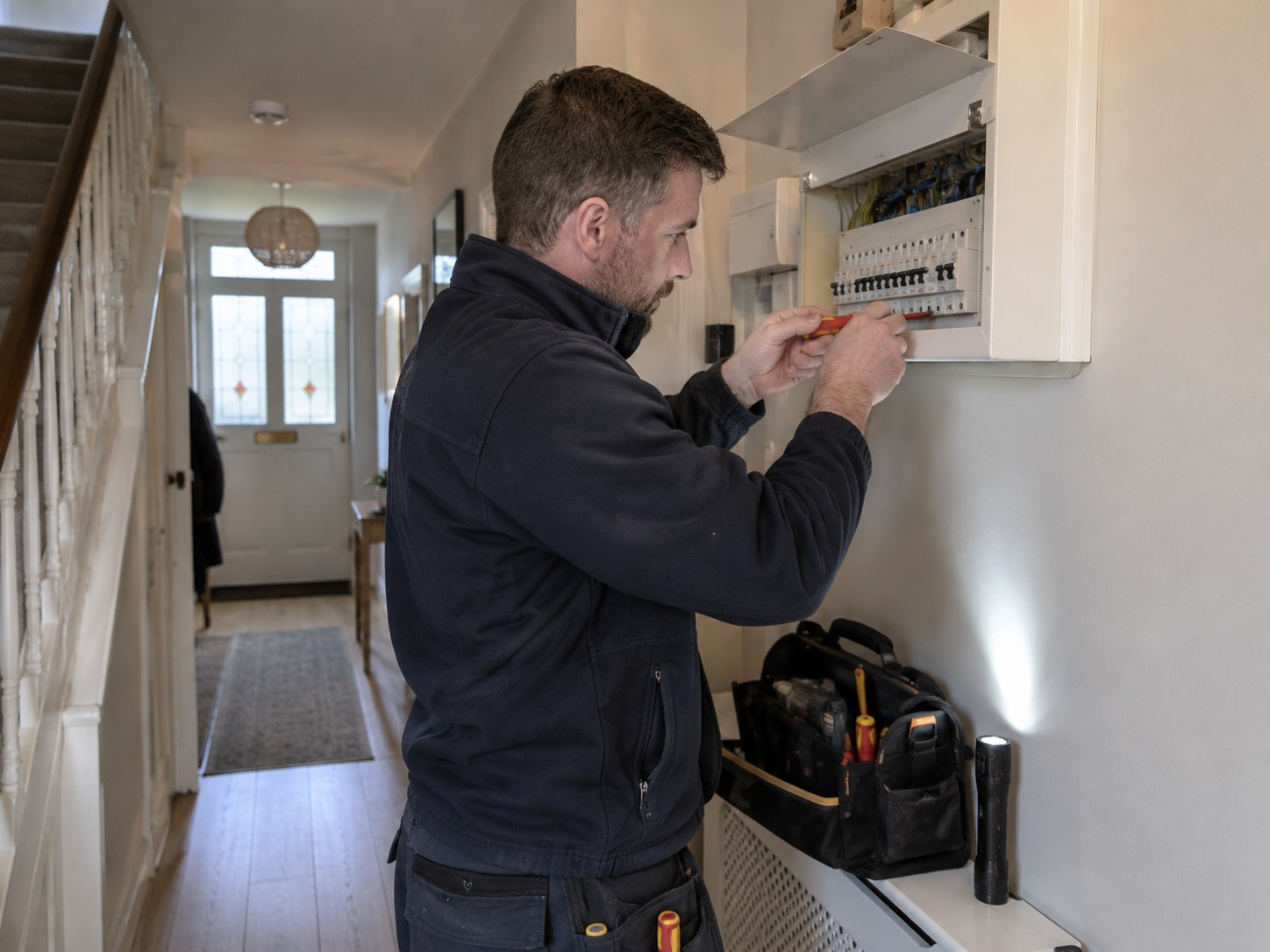 Emergency electrician checking a consumer unit in Ballybrack Dublin