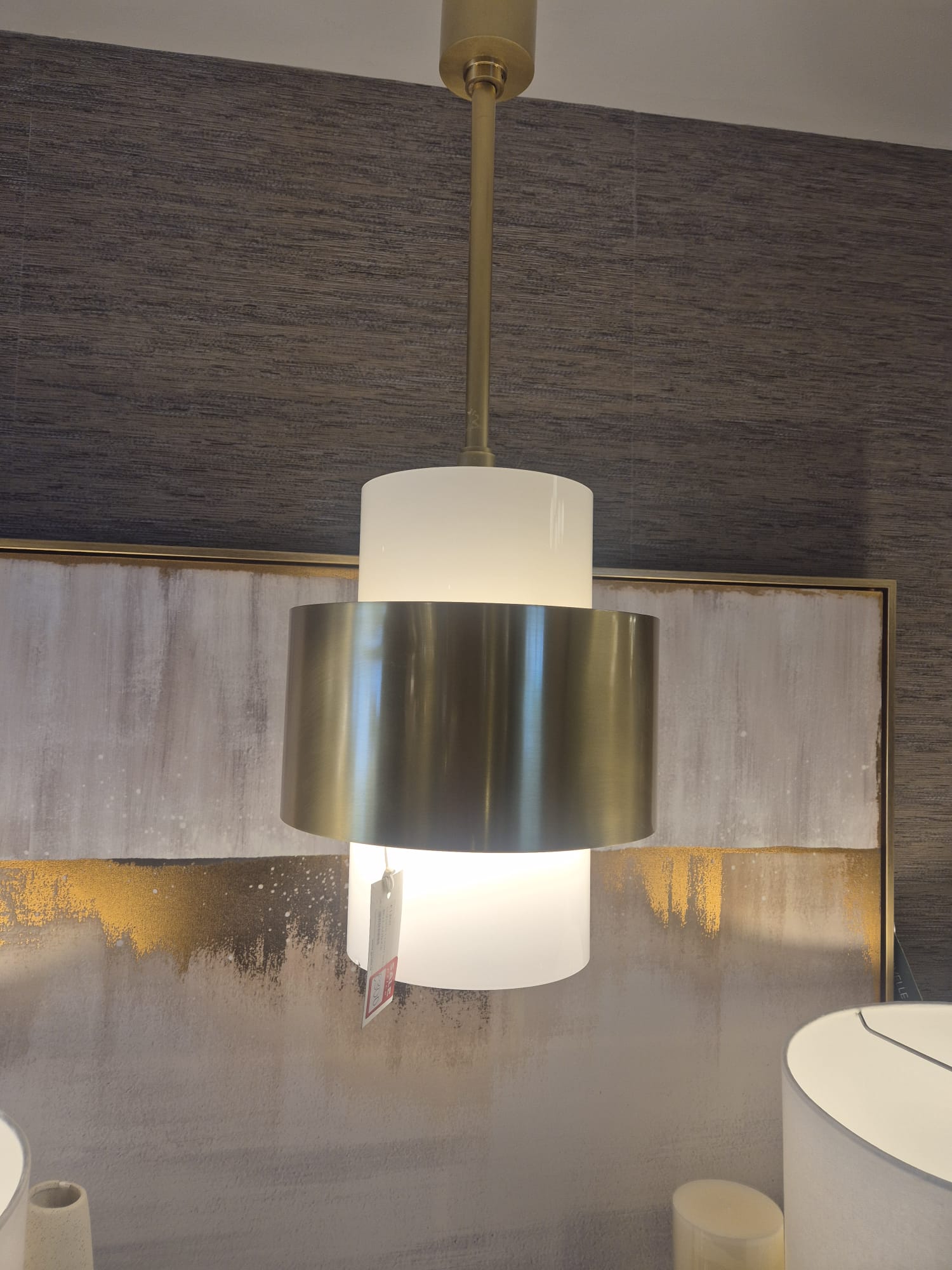Brass and opal glass pendant installed and tested.