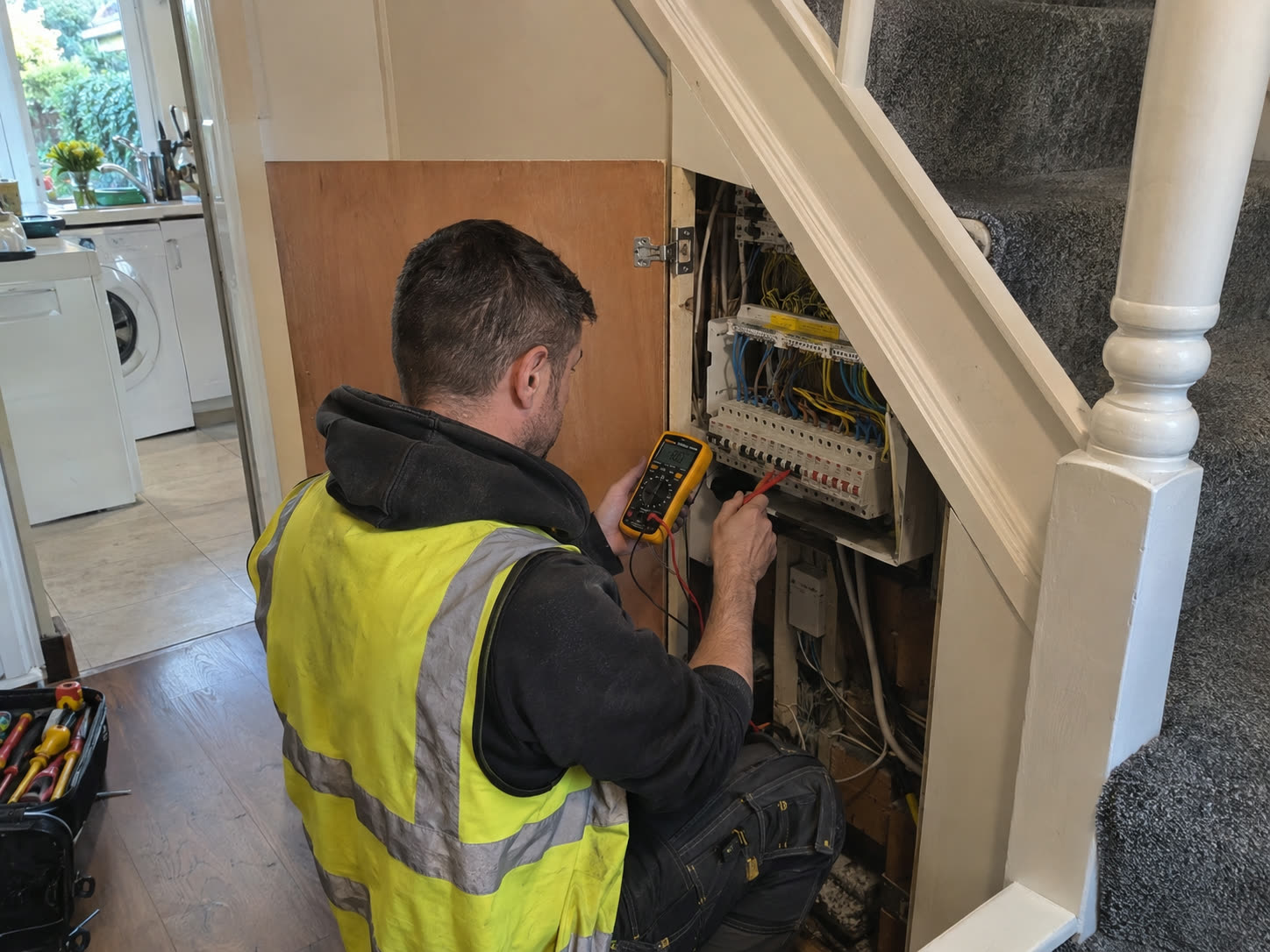 Electrician carrying out electrical fault finding and consumer unit testing in Dublin